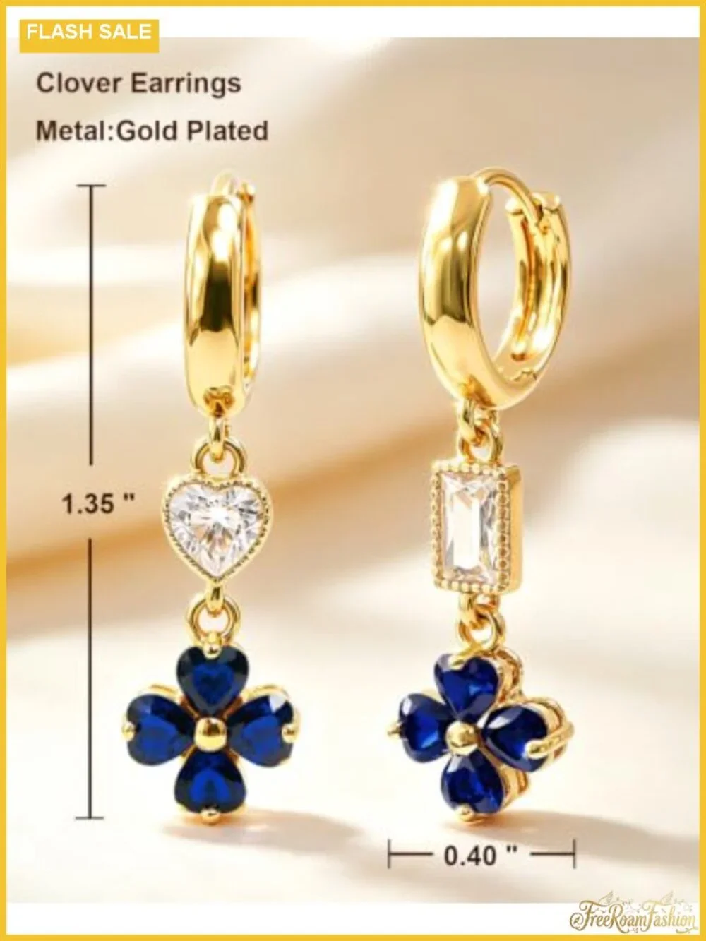 18K Gold Plated Four Leaf Clover Dangle Earrings Crystal Charm